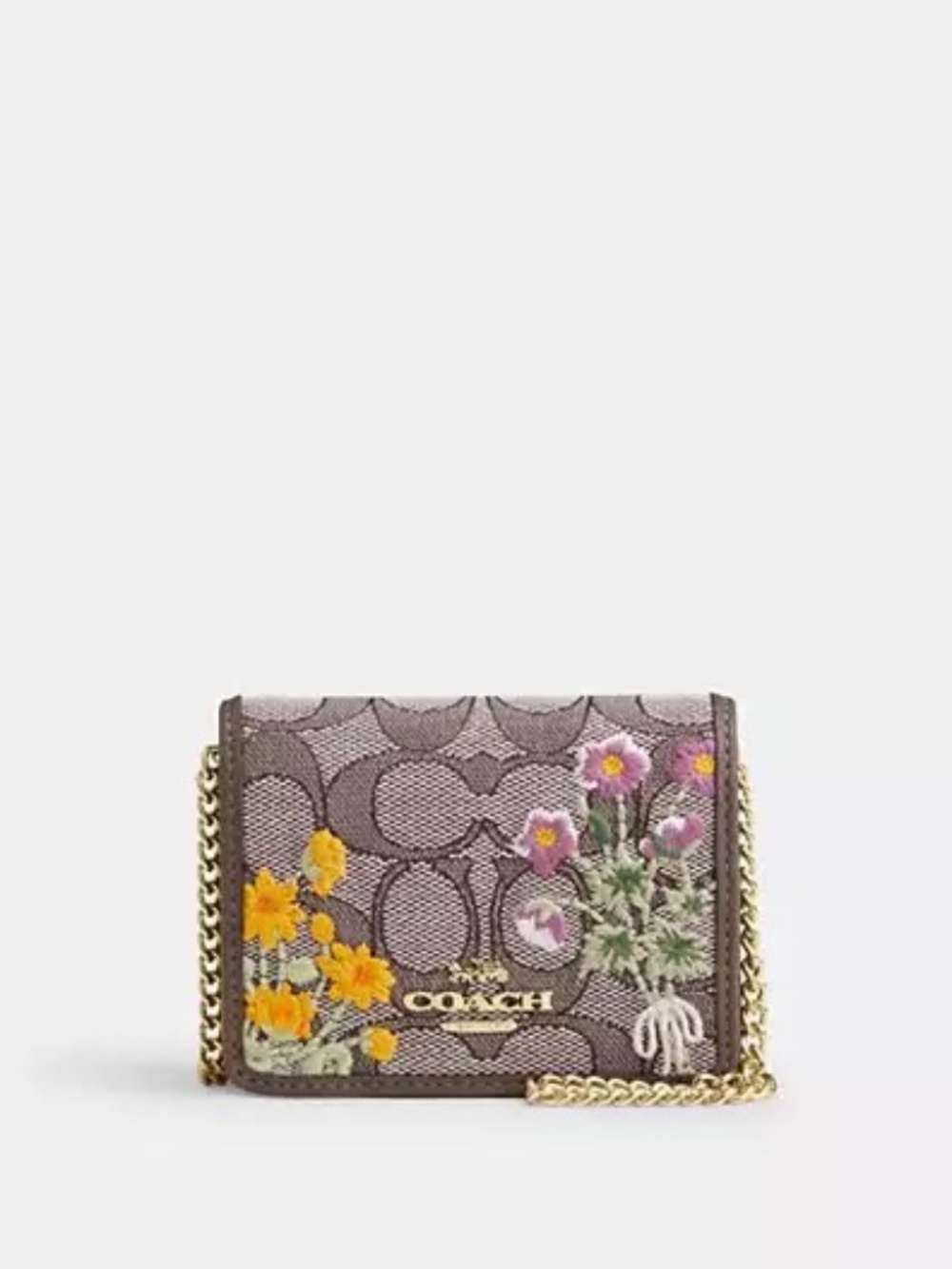 Coach Outlet Mini Wallet On A Chain In Signature Jacquard With Floral Embroidery